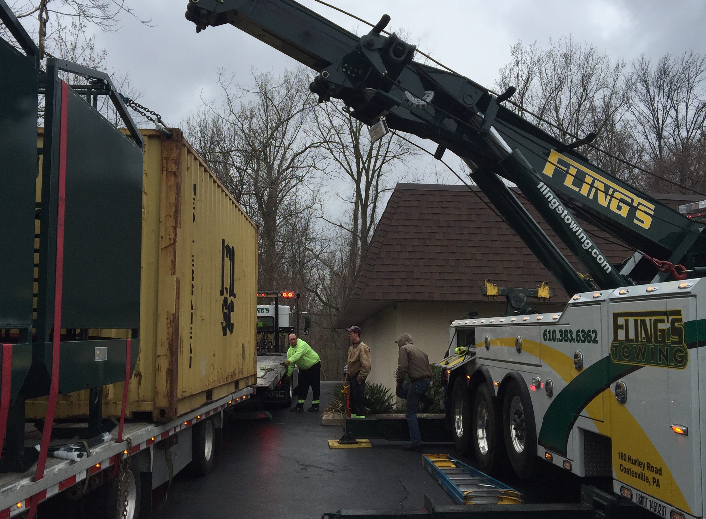 Equipment being moved via our heavy duty rotator truck in Chester County PA